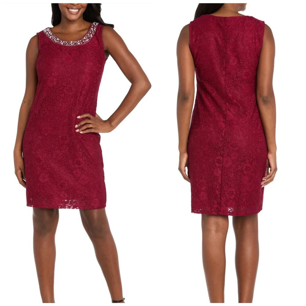 R&M Richards Floral Lace Dress with Beaded Neckline Women's Size 14